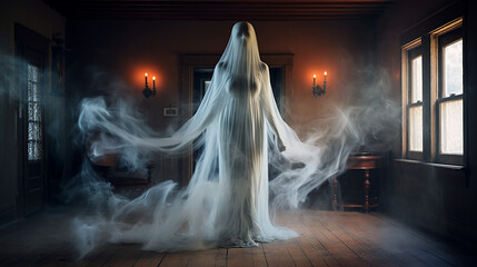 female ghost in a haunted house. Halloween wallpaper or background.