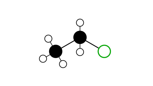 chloroethane molecule, structural chemical formula, ball-and-stick model, isolated image ethyl chloride