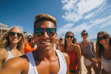 Obraz premium Group of friends - women and men - playing beach volleyball, one in front doing tricks to the ball
