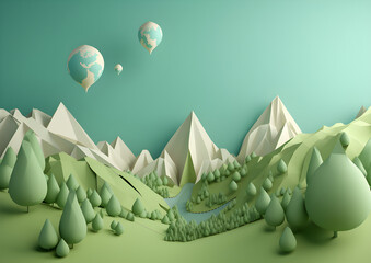 Meadows, mountains and rivers in paper cut style