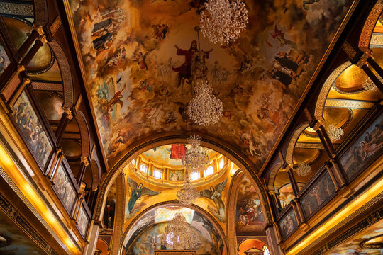 Sharm El-Sheikh, Egypt - Junuary 29, 2023: Painted ceiling of Coptic church The Heavenly Cathedral