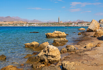 Sharm El-Sheikh, Egypt: sea coast  mountain view with stones.