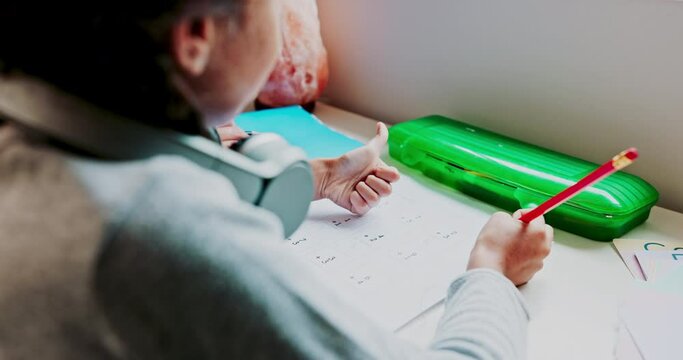 Education, girl is counting and math homework, learning numbers and growth with studying at desk. Young female kid, writing with pencil and school work, child development and knowledge at home