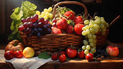 fresh, dew - kissed fruits and vegetables arranged in a rustic wooden basket, bathed in morning light, rich color contrasts