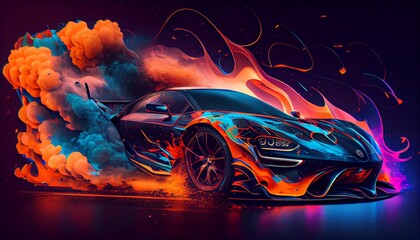 the sports car on the road. Captures the excitement and energy of a car with a fast shutter speed, using bold and vibrant colors. Generative in ai