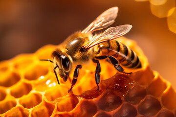 Working bees on honeycombs made with Generative AI - obrazy, fototapety, plakaty