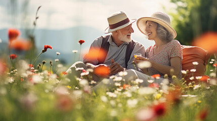an elderly couple enjoying a picnic in a vibrant, flower - filled meadow, warm, sunny day, simple joy - Powered by Adobe