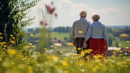 an elderly couple enjoying a picnic in a vibrant, flower - filled meadow, warm, sunny day, simple joy