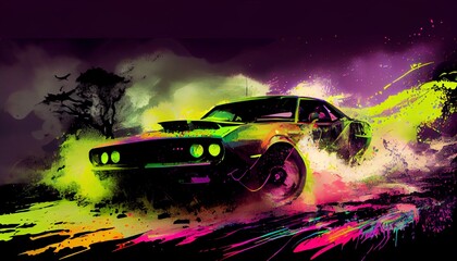 3D renders the sports car on the road. Captures the excitement and energy of a car with a fast shutter speed, using bold and vibrant colors. Generative in ai