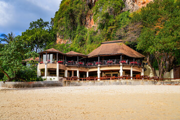 Restaurant in the sand of Phra Nang Cave Beach on the Railay Peninsula in the Province of Krabi, Thailand