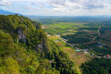 Fototapeta na wymiar Plain with palm tree plantations seen from the hilltop pagoda of the Wat Tham Suea, the Tiger Cave Temple of Krabi in the south of Thailand