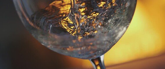 Trickle of white wine pouring into wineglass and splashing over edge in slow motion. Close-up view