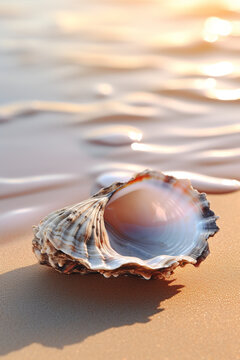 Close up of pearl oyster on a sandy beach. High quality photo