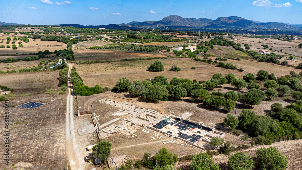 Sticker aerial view of the remains of the paleochristian basílica de son peretó in manacor on the balearic i