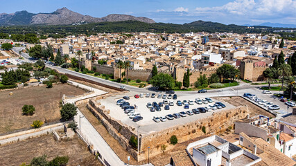 Aerial view of a defensive bastion of the medieval walled city of Alcudia on the Balearic island of Majorca (Spain) in the Mediterranean Sea