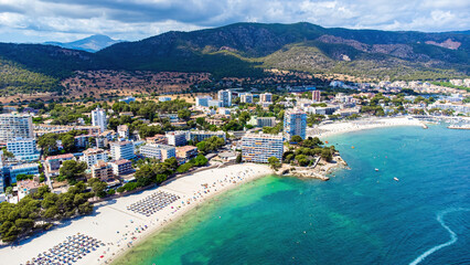 Aerial view of the beach of Son Matias in Magaluf, a seaside resort town on Majorca in the Balearic Islands, Spain