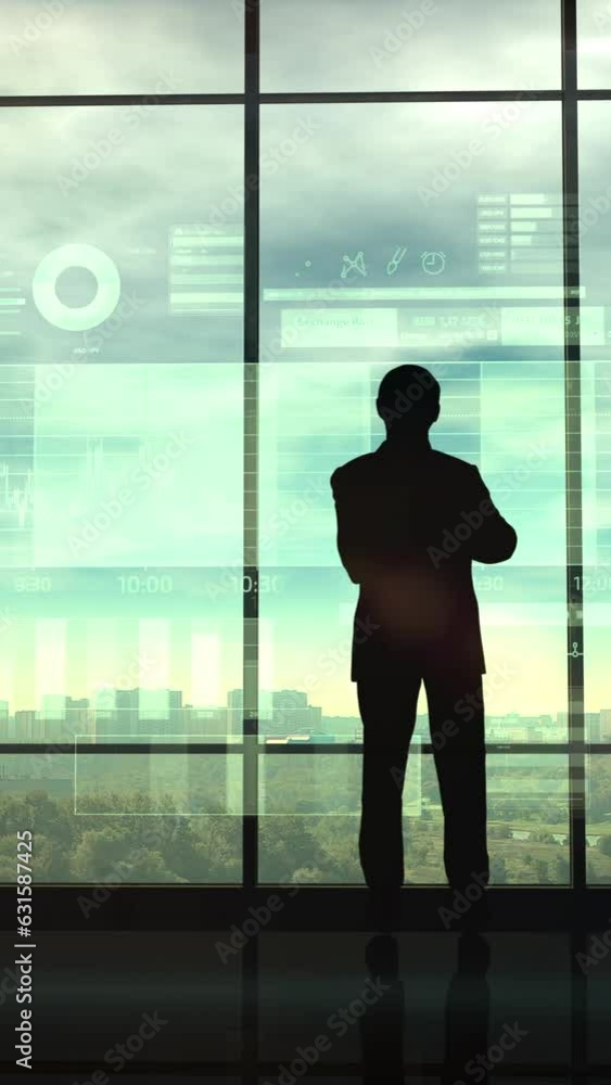Poster silhouette of a trader in the office before infographics