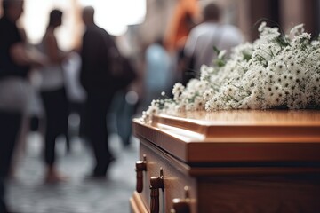 Solemn funeral scene. The wooden coffin is decorated with white flowers.