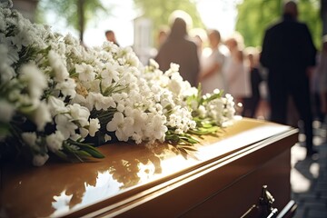 A reverent funeral scene, the coffin is decorated with flowers. Symbolic farewell among church services and cemetery funerals. - obrazy, fototapety, plakaty