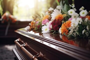 The closed coffin is decorated with a beautiful floral arrangement. Tradition and ritual accompanying the funeral. - obrazy, fototapety, plakaty
