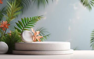 Podium display with tropical plant and stone on water background, Cosmetics or beauty product promotion mockup 3d rendering background