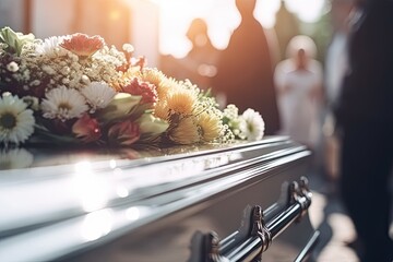 Amid the solemnity of the funeral, the wooden coffin is sent on its last journey, accompanied by a poignant composition of flowers that speak of the depth of human emotions. - obrazy, fototapety, plakaty