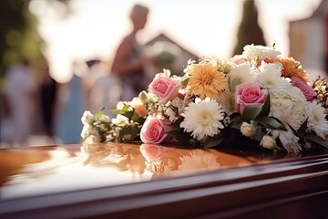 The wooden coffin is decorated with an elegant floral arrangement as a token of love and respect.