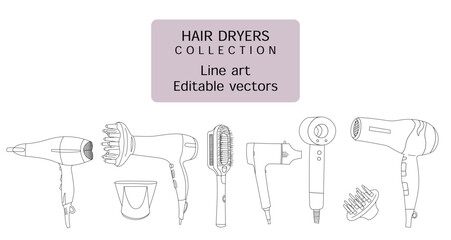 	
Set of hand drawn hair dryers, editable vector line art illustrations of hair dryers and blow-dryer	
