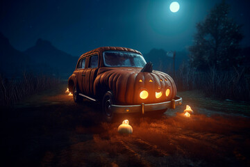halloween car. Generative AI. Pumpkin car. Scary road trip. Image for decoration, advert, poster, shop sign.