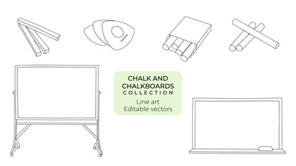 Set of hand drawn chalk and chalkboards, editable vector line art illustrations of school chalk and blackboard