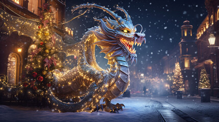 Generative AI, symbol of 2024, dragon on the Christmas street of a night European city, New Year's garlands, decorations, fir-tree, lights - obrazy, fototapety, plakaty