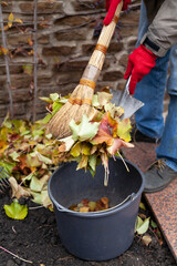 Hands collect fallen leaves in autumn yard.