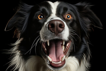 A stunning close-up of a playful Border Collie against a black background, capturing the dog's alert expression and herding instincts