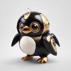 cute kawaii tiny golden robotic penguin, white background Generative AI