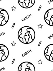 Planet Earth. Stars. Space. Icon. Vector seamless pattern on isolated white background.  illustrations for fabric, paper, packaging, background, wallpaper, wrapping paper, textile outline design.