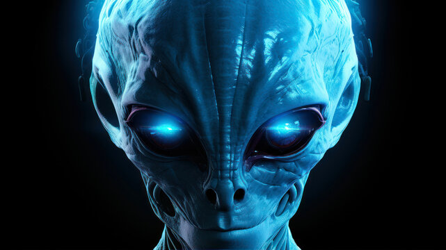 Cyborg or Alien with glowing eyes on dark background 