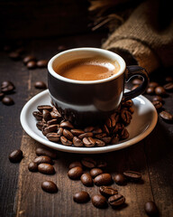 Generated photorealistic image of a cup of Americano coffee with roasted coffee beans