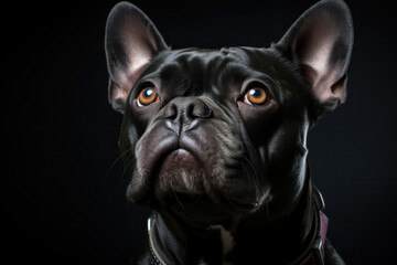 A close-up of a charming French bulldog with a shiny coat, posing against a black background, highlighting the dog's unique features and playful demeanor