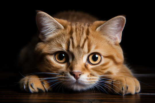 A close-up of an inquisitive Scottish Fold cat with folded ears, photographed against a black background, capturing the cat's adorable charm and curious personality