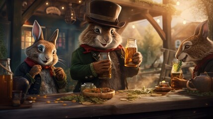 Anthropomorphic animals like fox, bear, rabbit enjoying the traditional German Octoberfest. Generative AI