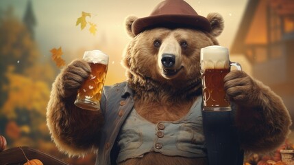 Bear in traditional Bavarian costume holding a large beer mugs for Oktoberfest celebration. Generative AI