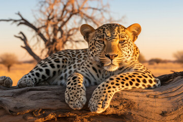 Fototapeta premium A captivating shot of a leopard resting on a sturdy branch of a tree, blending perfectly with its surroundings, showcasing the elusive and graceful nature of this majestic big cat