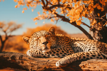 A captivating shot of a leopard resting on a sturdy branch of a tree, blending perfectly with its surroundings, showcasing the elusive and graceful nature of this majestic big cat | ACTORS: None | LOC