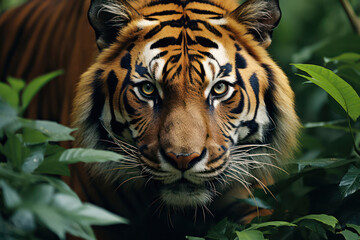 A wildlife photographer capturing a close-up shot of a majestic tiger in its natural habitat, hidden among dense foliage in a lush jungle   ACTORS: Wildlife photographer   LOCATION TYPE: Jungle   CAME © Matthias