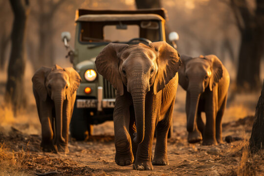 Fototapeta A safari jeep driving through the African savannah, with a herd of elephants majestically crossing the dusty plains in the background, under the golden light of a setting sun   ACTORS: Safari jeep, El
