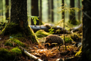 Obraz premium A hedgehog playfully peeking out from behind a tree trunk, engaging in a game of hide-and-seek with its surroundings | ACTORS: Hedgehog | LOCATION TYPE: Forest | CAMERA MODEL: Canon EOS 6D Mark II | C