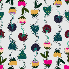 Seamless pattern of Flowers and leaves in a simplified Scandinavian style, flora design element flat style. Vector illustration on gray background.
