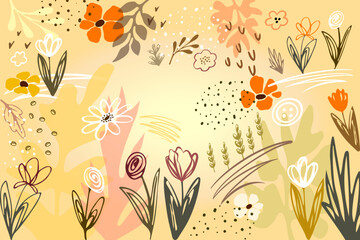 Meadow and garden abstract flowers and herbs. Modern pattern with doodle textures and floral elements. Vktor botanical background with place for text