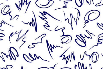 Seamless pattern of various dark blue ink doodle design elements on white background. Abstract vector illustration for print wallpaper, fabric, paper