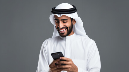 Happy Arabic man smiling, checking smartphone against a grey background.